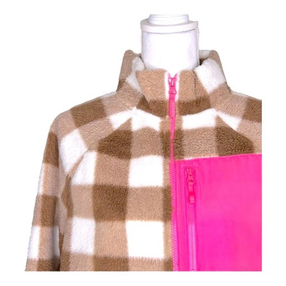 J Crew Tan Checkered Full Zip Sherpa Jacket with Pink Detail Medium - Picture 3 of 10